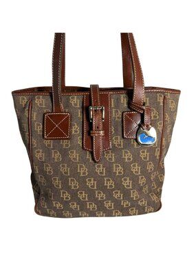 Vintage Dooney Bourke Shoulder Hand Bag Tan‎ Brown Canvas w/ Leather Trim Tote
